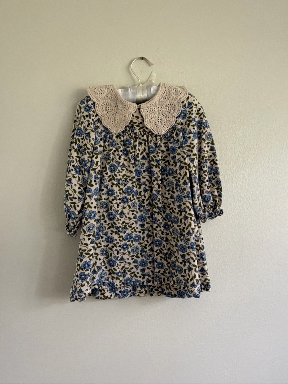 Zara Cream Dress with Blue Floral Print and Crochet Collar